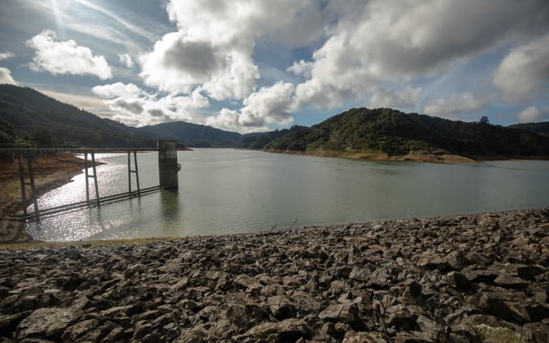 Aerials and stills of the Upper Mangatangi Dam at 44% of capacity