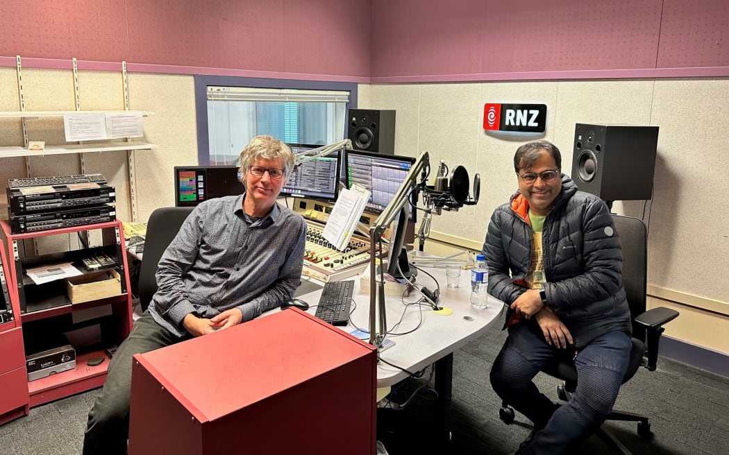 Three to Seven host Bryan Crump sits in the RNZ Concert studio with guest Purbayan Chatterjee.