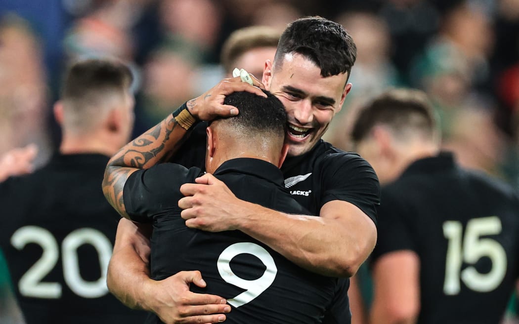 2023 Rugby World Cup Quarter-Final, Stade de France, Paris, France 14/10/2023 
Ireland vs New Zealand 
New Zealand’s Will Jordan and Aaron Smith celebrate after the game 
Mandatory Credit ©INPHO/Billy Stickland/www.photosport.nz