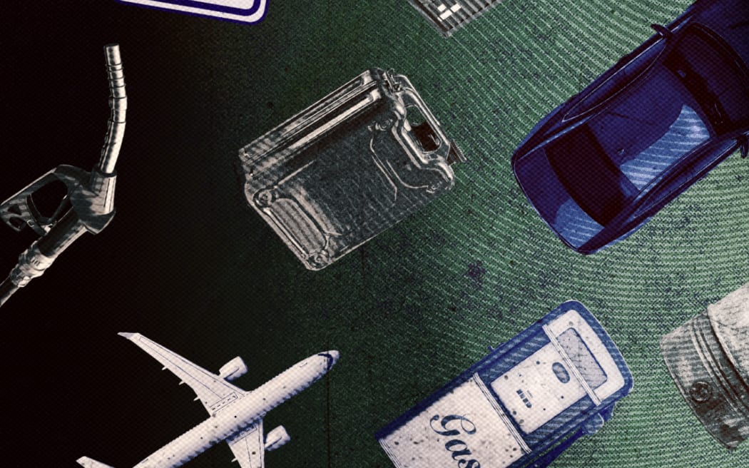 Generic imagery of gas and fuel alongside transport vehicles, composite graphic