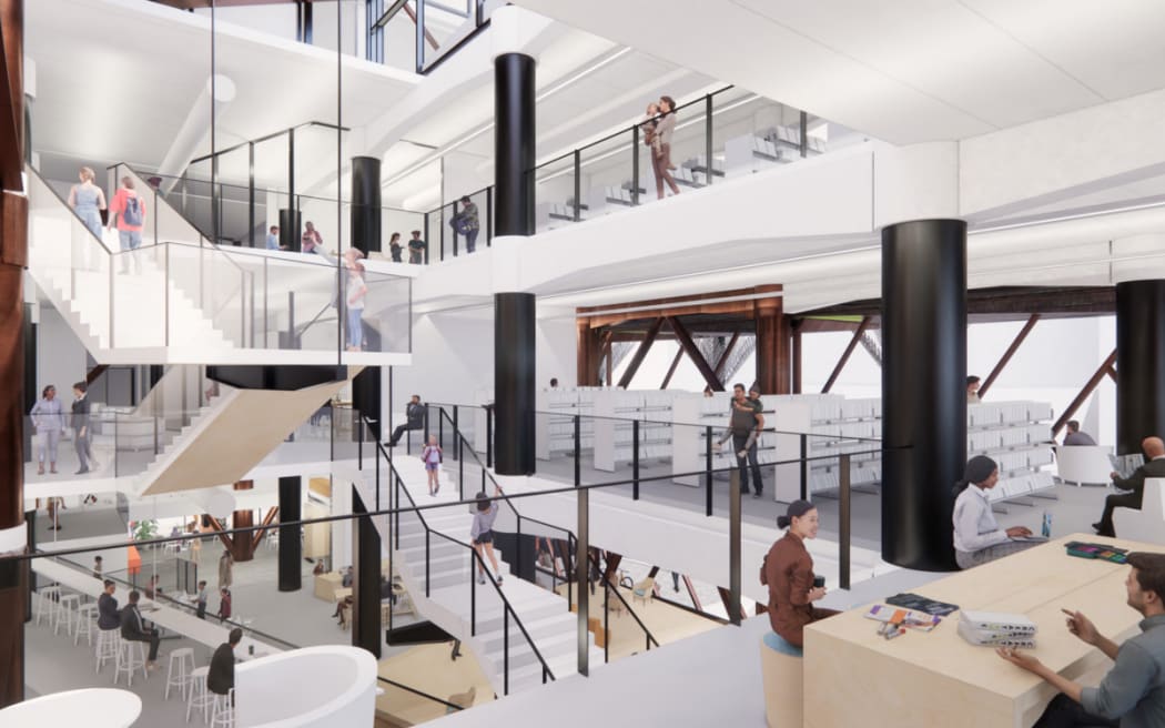 An artist's impression of the northern atrium in the revamped Wellington City Library viewed from level 1.