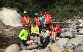 Katikati Greyhound Cycle Group in front of Brown Falls near start of Heaphy Track