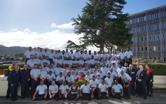 New recruits with their training officers at the New Zealand Corrections Training Centre in Upper Hutt, Wellington on April 26, 2024. Photo: Iliesa Tora/RNZ Pacific