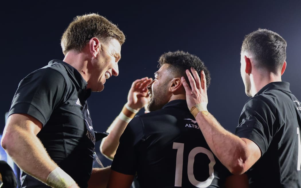 Jordie Barrett celebrates Richie Mo’unga’s try with Will Jordan during the 2023 Rugby Championship match between the New Zealand All Blacks and South Africa at Go Media Mount Smart Stadium in Auckland, New Zealand on Saturday July 15, 2023. Copyright photo: Aaron Gillions / www.photosport.nz