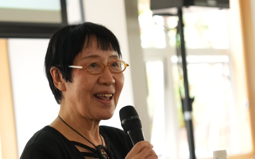 Toshiko Tanaka speaking at the 'Nuclear Connections Across Oceania' conference in Dunedin in 2022.