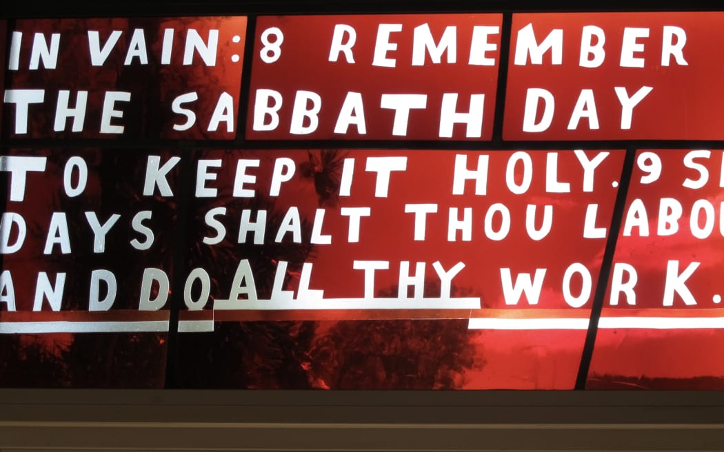 Sabbath day quote from Bible in stained glass form
