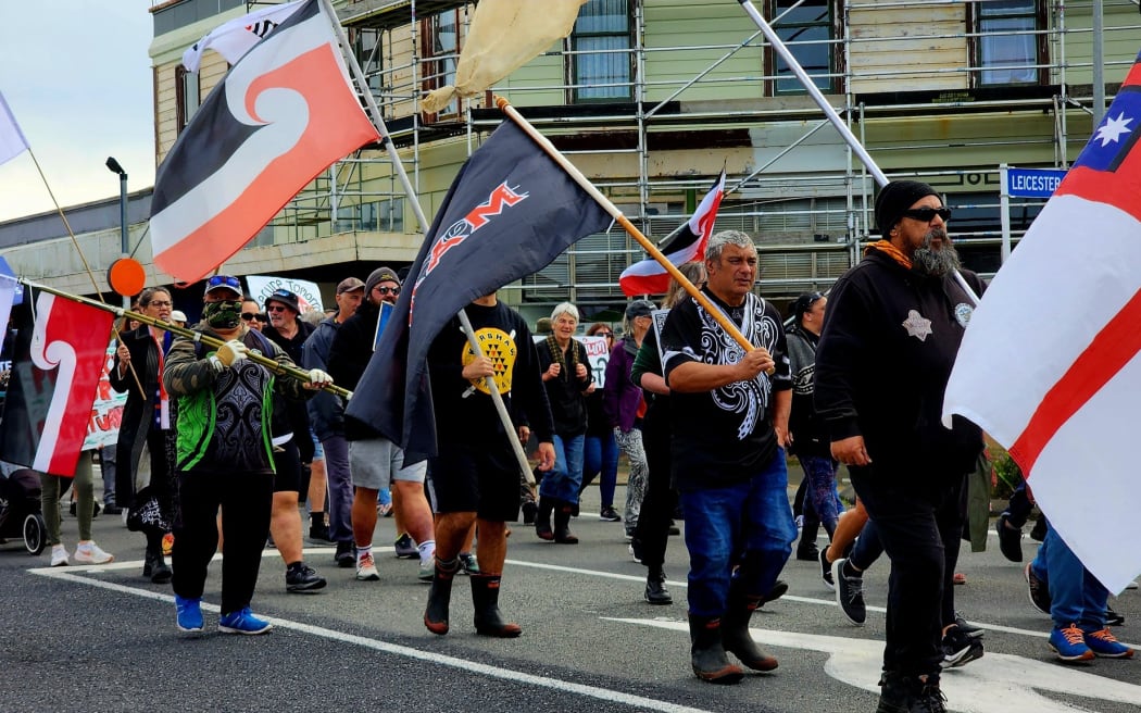 People marching through Patea in a hīkoi to oppose seabed mining, on 2 October, 2024.