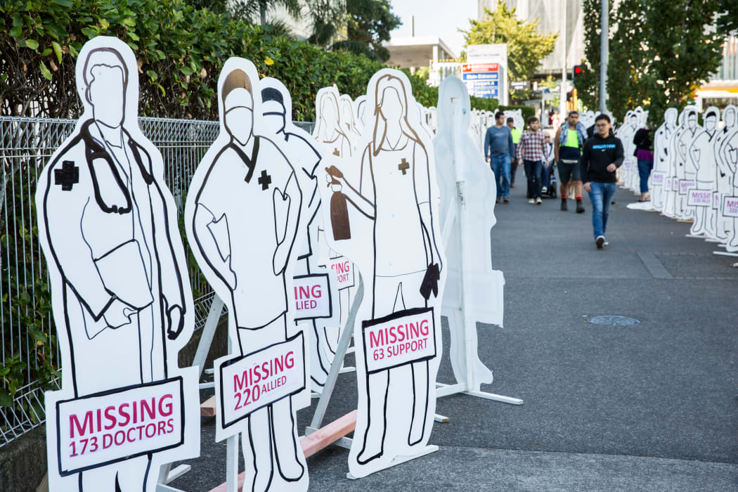 Cardboard cut-outs outside Auckland City Hospital to highlight understaffing in hospitals