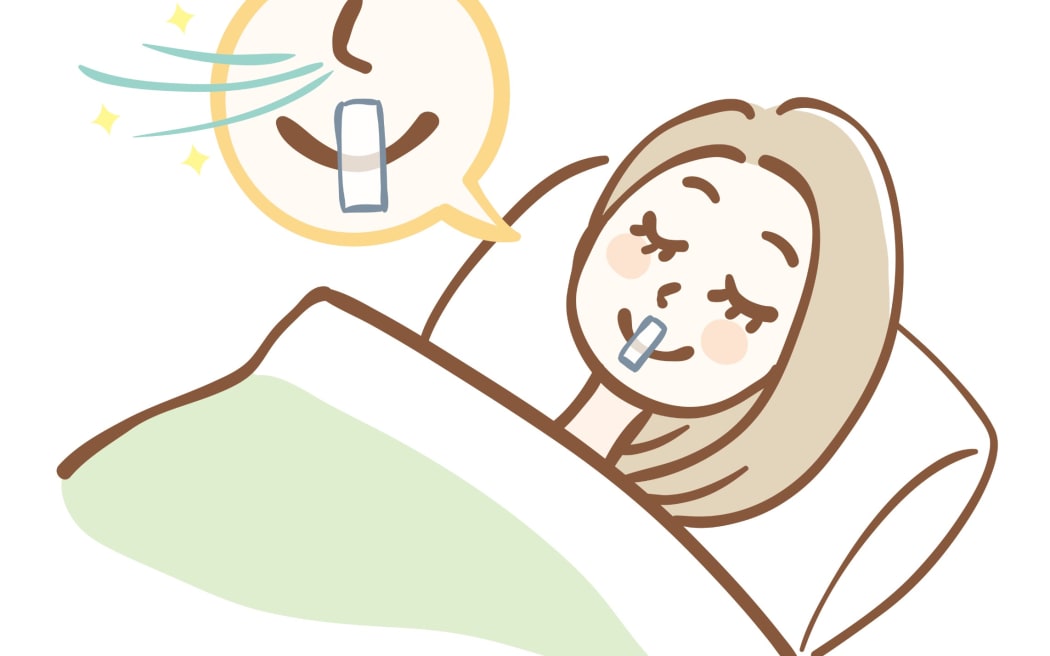 Illustration of woman sleeping with tape on her mouth