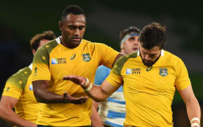 Wallabies Tevita Kuridrani and Adam Ashley-Cooper during the Rugby World Cup semi-final win over the Pumas at Twickenham, London, England. Sunday 25 October 2015. Copyright Photo: Andrew Cornaga / www.Photosport.nz