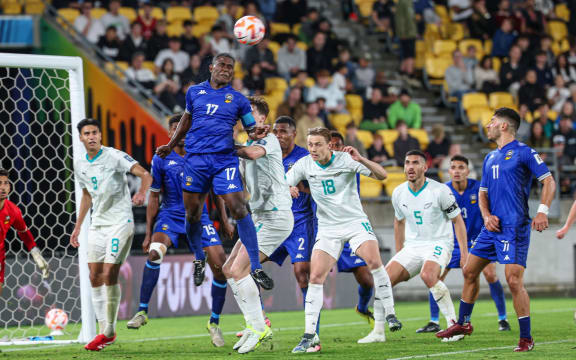 Fiji's Filipe Baravilala clears under pressure. FIFA World Cup 2026 - OFC Qualifiers, semi final 2 New Zealand v Fiji, Sky Stadium Wellington, Friday 21 March 2025. Photo: Shane Wenzlick / www.phototek.nz