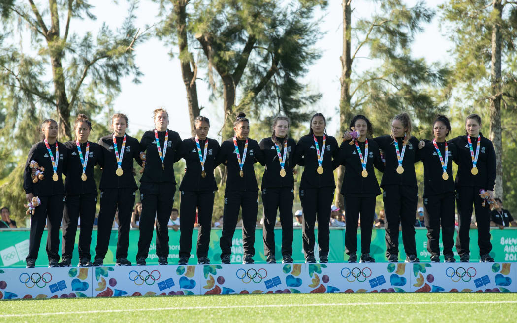 Gold Medal winning team of New Zealand on the podium after the Rugby Sevens Womens Tournament at the 2018 Youth Olympics.