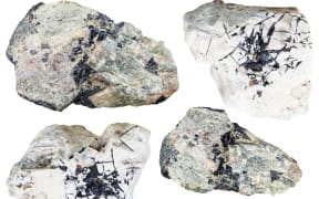 set of ilmenite ore on natural mineral stones and rocks (nepheline, dolomite) isolated on white background