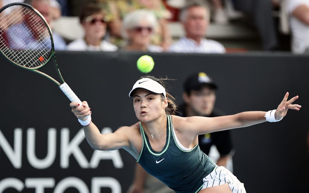 Emma Raducanu of Great Britain plays a shot in her match against Elina Svitolina of Ukraine during the 2024 Women's ASB Classic.