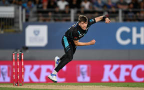 Ben Sears bowls during the second T20 Chappell-Hadlee cricket international between Australia and New Zealand at Eden Park, 2024.