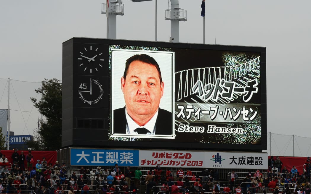 Coach Steve Hansen on the big screen. Japan - New Zealand All Blacks. Test match rugby union. Tokyo, Japan. Saturday 2 November 2013.