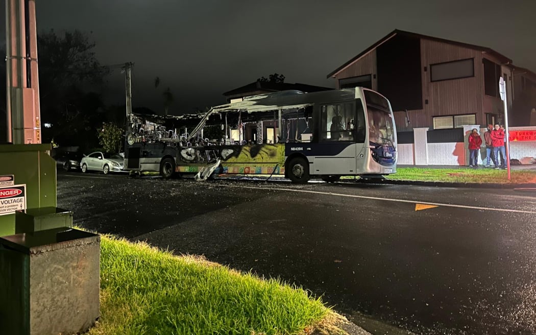 The remains of a bus that burned in Epsom.
