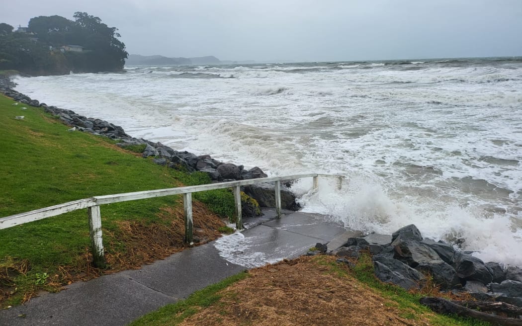 Orewa Beach on Sunday afternoon, as Cyclone Gabrielle makes its way to New Zealand.