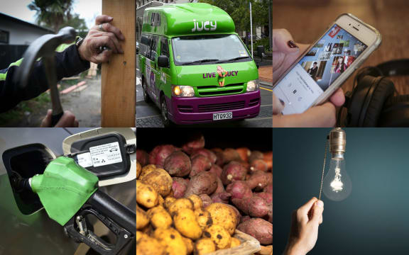 Consumer prices: Building, rental vehicle, mobile phone, petrol, kumara, light switch