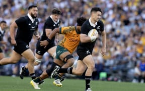 Will Jordan of the All Blacks heads for the try line during the All Blacks v Australia, Lipovitan-D Rugby Championship test match, Accor Stadium, Sydney, Australia, Saturday, 21 September 2024. (Photo by Mark Evans / action press)