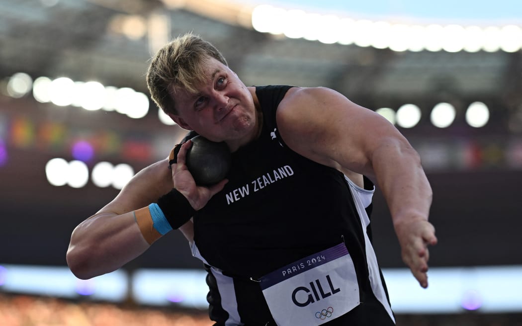 New Zealand's Jacko Gill competes in the men's shot put qualification of the athletics event at the Paris 2024 Olympic Games at Stade de France in Saint-Denis, north of Paris, on August 2, 2024. (Photo by Ben STANSALL / AFP)
