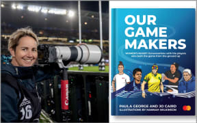 Photo of Jo Caird with telephoto lens and book cover of 'Our Game Makers'.