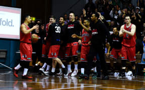 Canterbury Rams celebrate their win in the NBL.