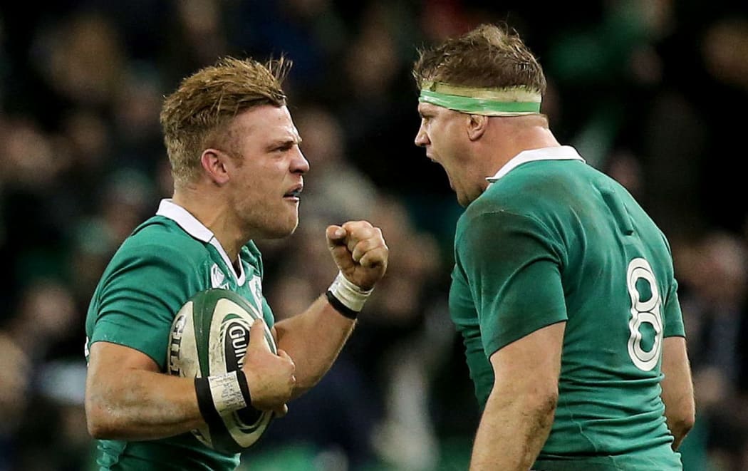 Ireland vs Australia. Ireland's Ian Madigan and Jamie Heaslip celebrate winning a late penalty to end the game.