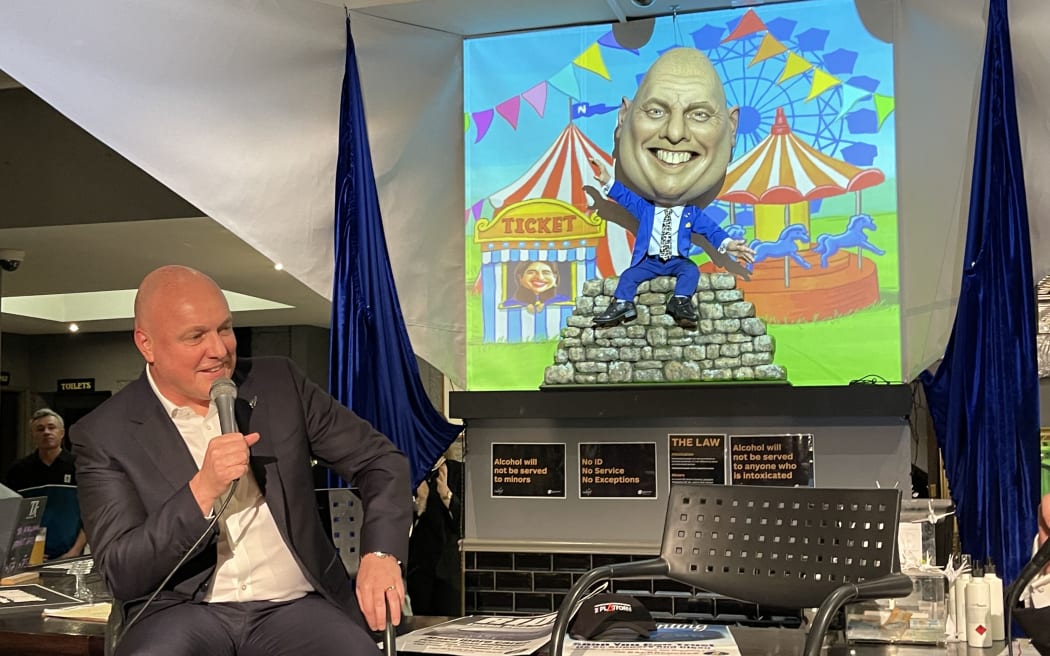 National Party leader Christopher Luxon with his new puppet at Backbencher Gastropub in Wellington.
