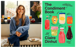 Claire Dinhut next to her book cover 'The Condiment Book'