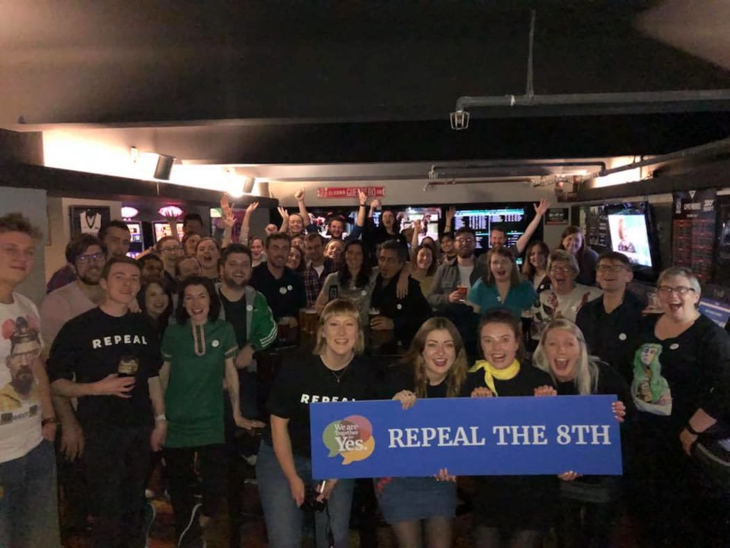 Together for Yes gathering in Wellington to watch the results of the Irish Abortion Referendum