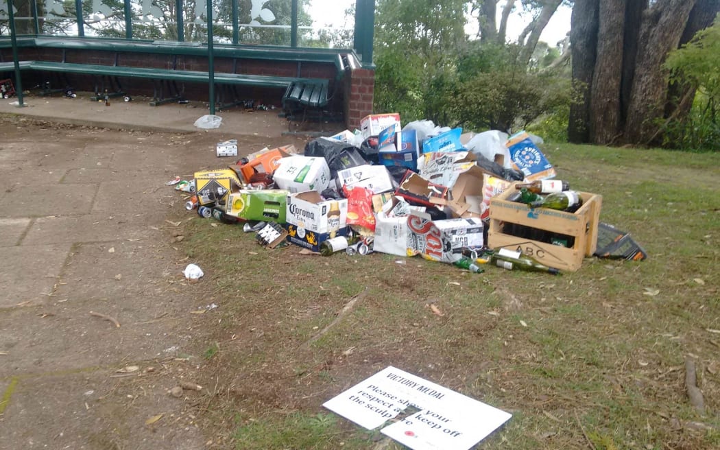 Botanic Garden after an outdoor party on Friday night left Remembrance Ridge covered in rubbish, broken glass and a commemorative World War 1 sculpture damaged.