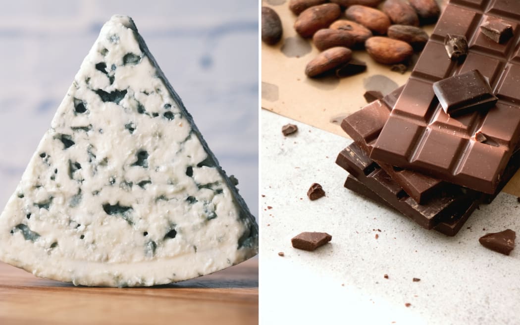 A collage of a wedge of blue cheese on the left, and a stack of chocolate bars and cocoa beans on the right.