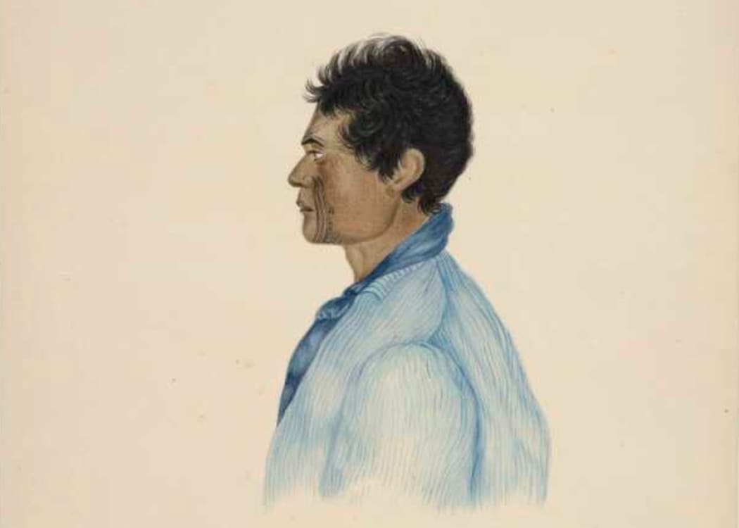 Head and shoulders profile portrait of Maori man, probably of Motueka and a past student of Rev. C.Reay. 	[Coates, Isaac] Piki. Kohiri tribe. "Rather a genius well versed in reading and writing."