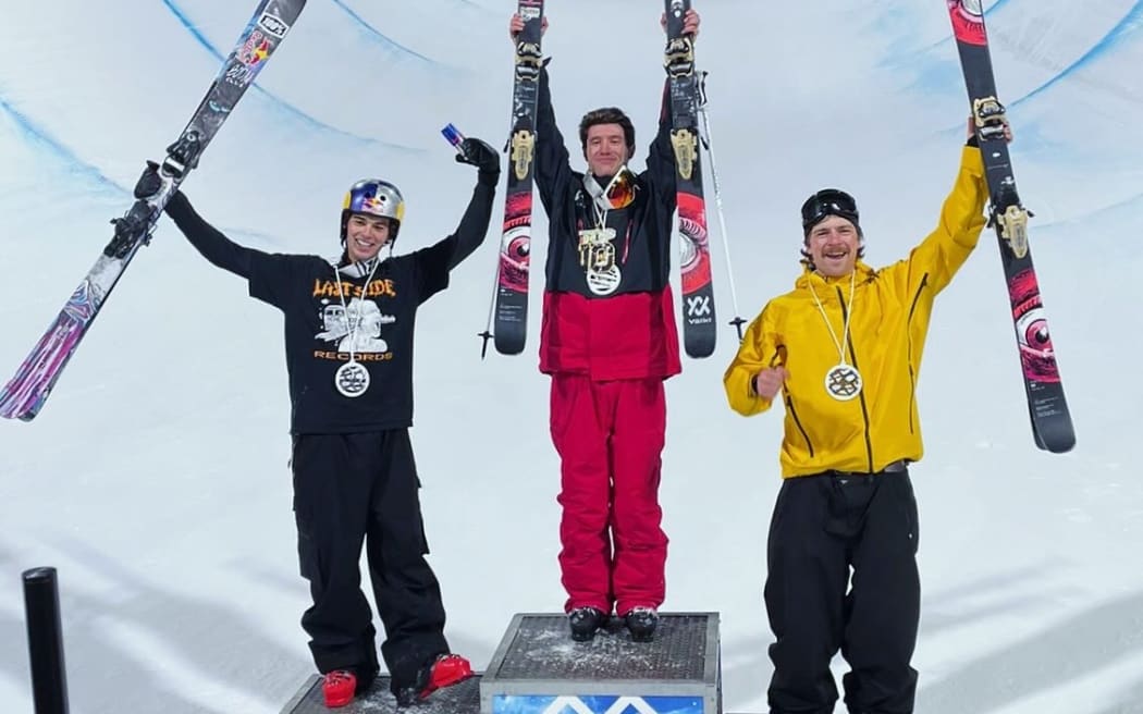 Men’s X Games Ski SuperPipe medallists (left to right) Nico Porteous,  Alex Ferreira, Hunter Hess.