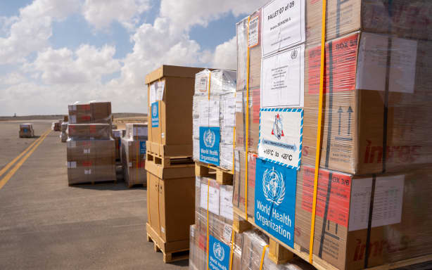 Aid supplies for Gaza provided by the World Health Organization (WHO) arrives at the Arish airport in Egypt’s north Sinai Peninsula on October 15, 2023.