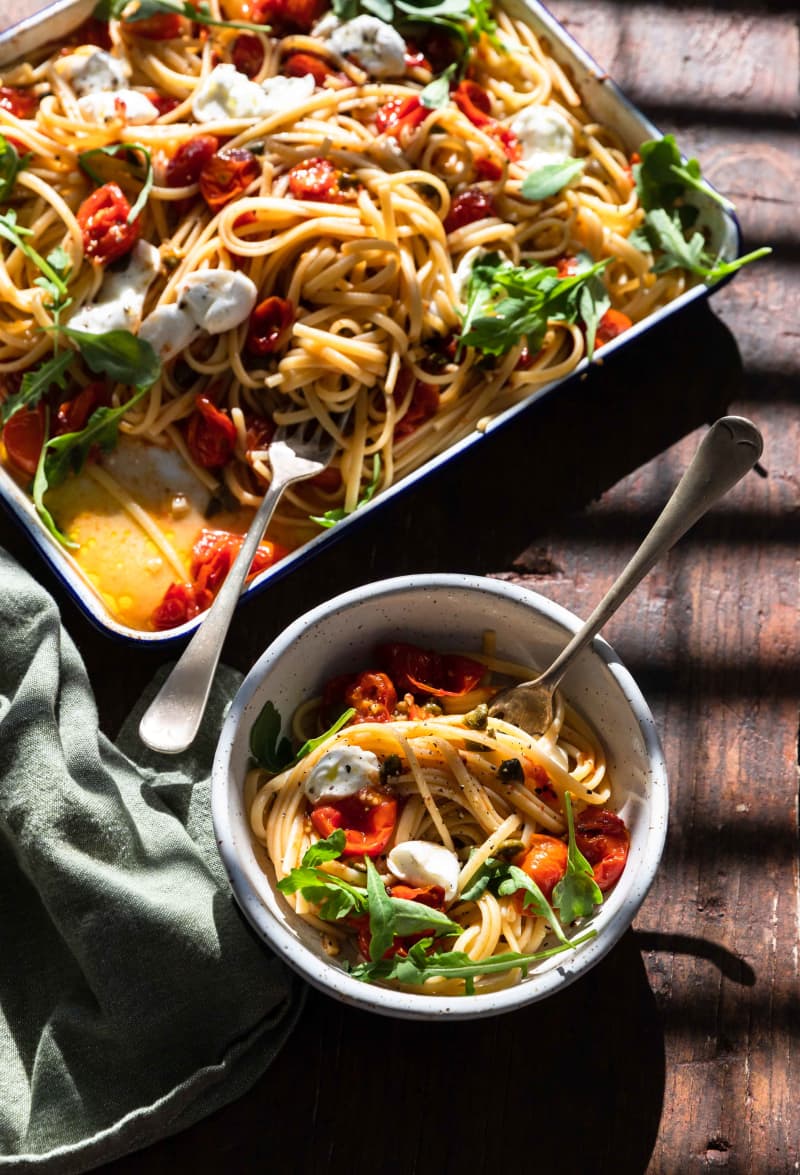 Roasted cherry tomato, caper and mozzarella linguine