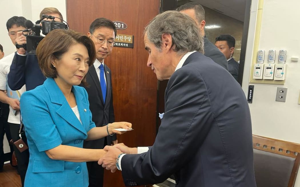 IAEA director general Rafael Grossi  meeting members of the Committee for Countermeasures against Fukushima Radioactive Water Ocean Discharge at the South Korean National Assembly on 9 July 2023.