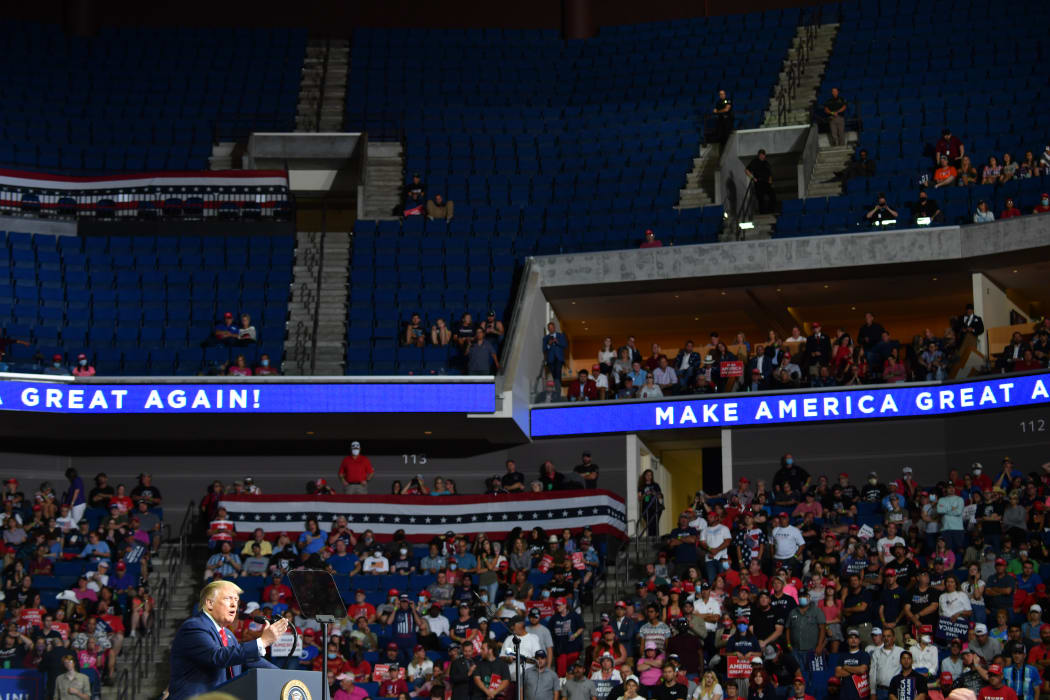 The upper section of the arena is  partially empty at US President Donald Trump's rally in Tulsa, Oklahoma, 20 June.