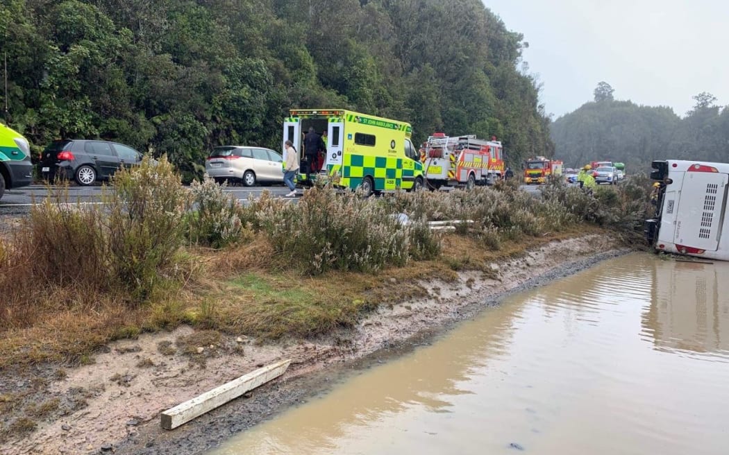 Emergency services at the scene of the bus crash near Rotorua.