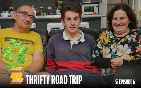 Three smiling people are sitting on the couch with a kitchen on the backgroung. A stylised plant growing from stacked coins is shown on the left. Text at the bottom reads: “Thrifty road trip – S5 Episode 6.”