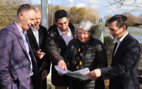 Discussing the second bridge plans on the existing SH1 Ashburton/Hakatere River ridge were National's Simon Watts, council chief executive Hamish Riach, Rangitata MP James Meager, Transport Minister Simeon Brown, Deputy Mayor Liz McMillan and Infrastructure and open spaces group manager Neil McCann in the lead-up to the 2023 election.