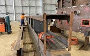 The new strut for the Auckland Harbour Bridge taking shape in a Whangarei workshop. It will be completed and transported by road to Auckland on  Saturday.