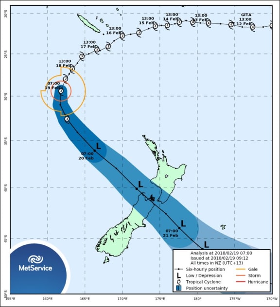 MetService's latest tracking map of the cyclone from 7am. The shading indicates the possible variation in the track not the areas being impacted by the system.