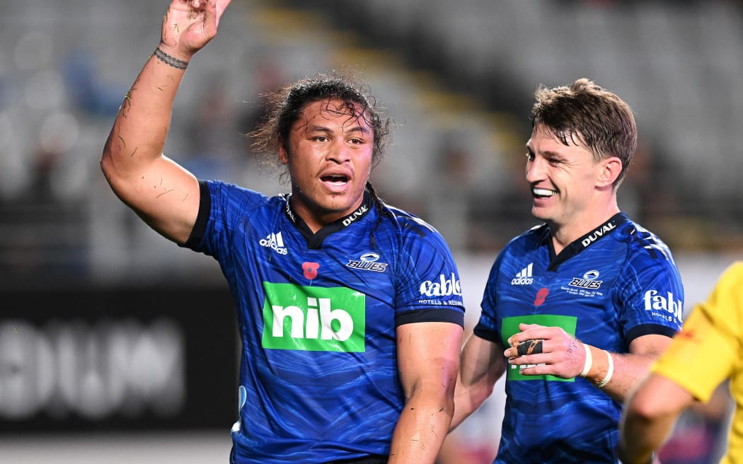 Blues player Caleb Clarke celebrates his try with Beauden Barrett during the Blues v Waratahs Super Rugby match at Eden Park.