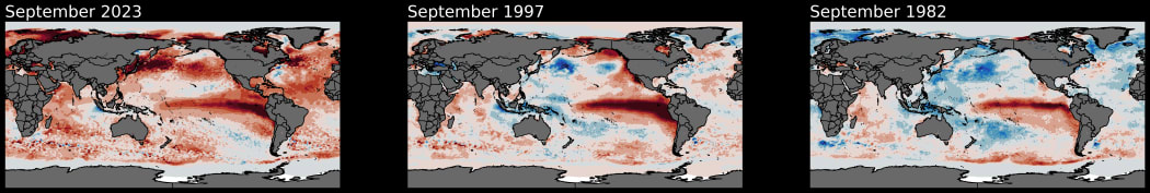 A collage of three world maps centred over the Pacific ocean. The maps are dated September 1982, September 1997 and September 2023, and the ocean is coloured with blue patches to show colder temperatures and red patches to show hotter temperatures. Each map has a large red blob in the centre of the Pacific Ocean, stretching right across from South America towards the Polynesian islands.