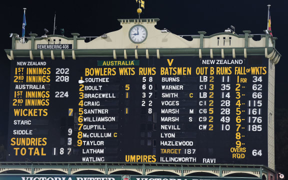 The final scoreboard after Australia won the test match on day 3 of the 3rd cricket test match between New Zealand Black Caps and Australia. 2015.