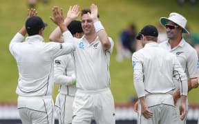 Matt Henry celebrates a wicket at the Basin Reserve.