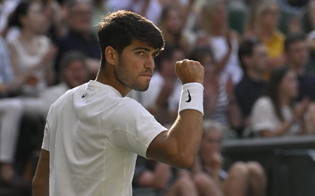 Spain's Carlos Alcaraz is defending his Wimbledon singles crown. July 2025.