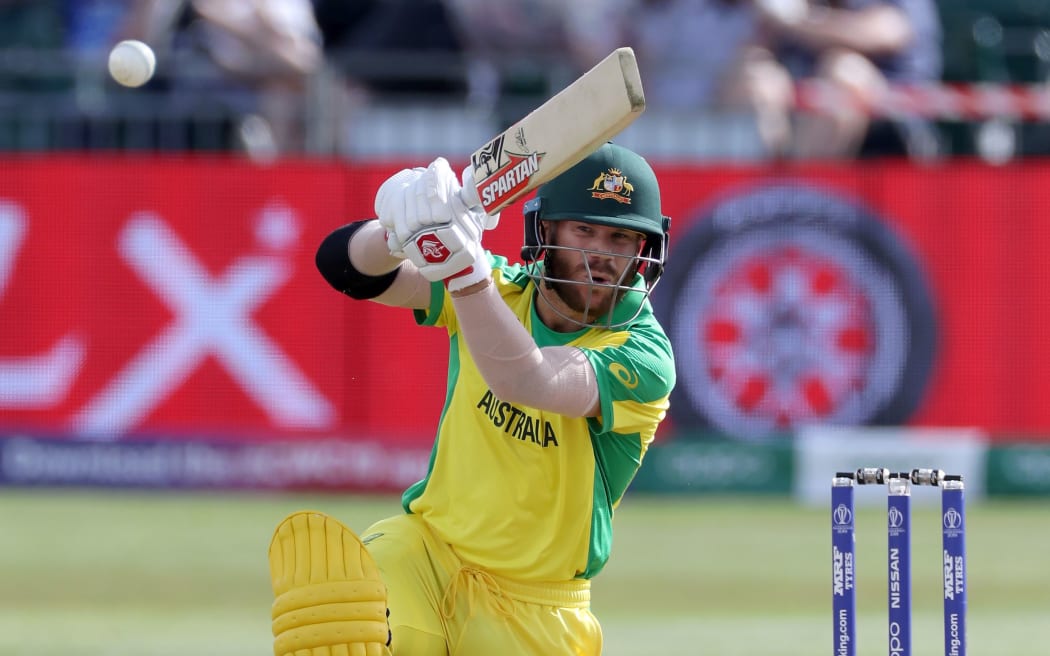 David Warner bats during the Cricket World Cup match between Australia and Afghanistan at Bristol.